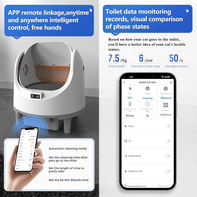 Self Cleaning Litter Box, Automatic Cat Litter Box Self Cleaning with Large Capacity, App Control, Safety Protection, Removable Washable Liner, 1 Roll Garbage Bags, Open-Top