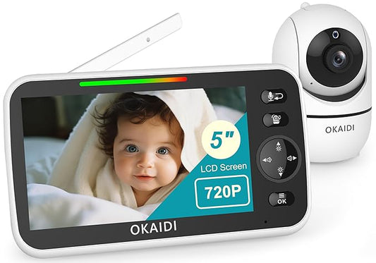 OKAIDI 720P HD Baby Monitor, 5 Inch Baby Monitor with Camera and Audio, 5000mAh Battery, Remote Pan-Tilt, 3X Zoom, 1000ft Baby Monitor NO WiFi, Night Vision, 2-Way Talk, Temperature, Lullabies