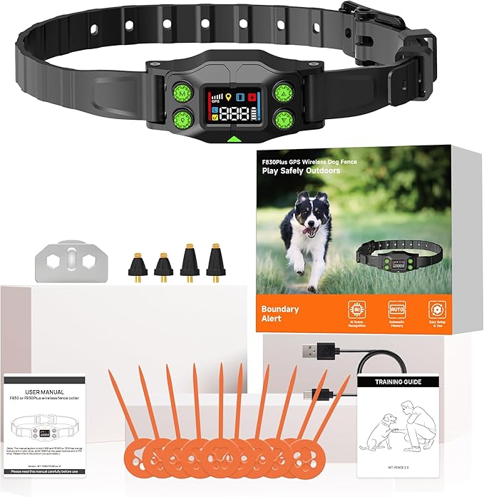 Invisible Dog Fence GPS Dog Wireless Fence – No Transmitter, No App, Works in -20℃ and +60℃,IPX7 Waterproof Rechargeable Collar, Adjustable Radius 75–2995 ft, for Medium/Large Dogs