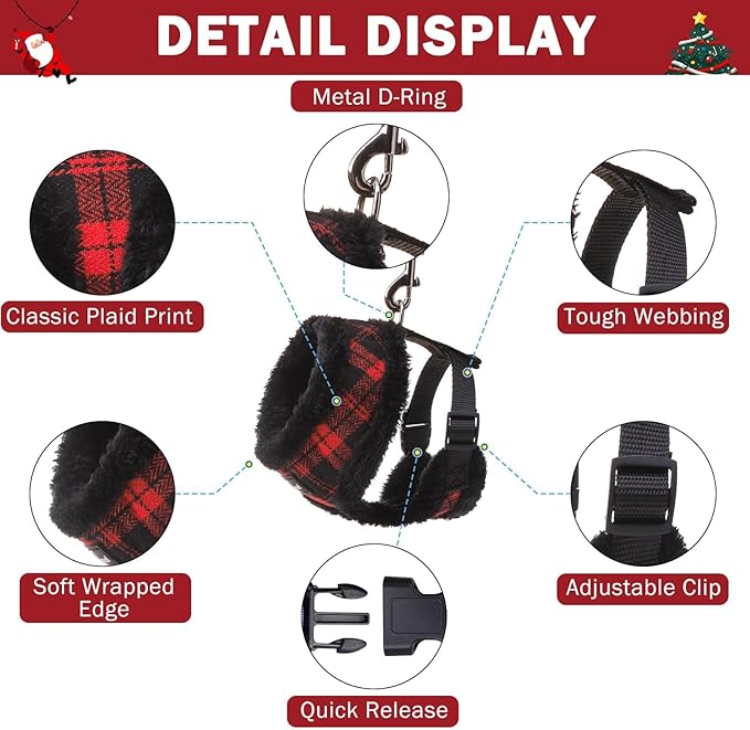 SCENEREAL Small Dog Harness Collar and Leash Set, Warm Fleece No Pull Puppy Vest Harness, Christmas Dog Outfit No Chock Adjustable Step in Pet Halter for Outdoor Walking Training, Red Plaid M