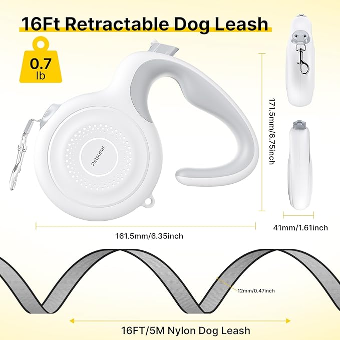 16Ft Auto-Brake Retractable Dog Leash for Middle Large Dogs 360° Tangle-Free Strong Nylon Tape and Ergonomic Anti-Slip Soft Handle One-Handed Brake Pause Lock