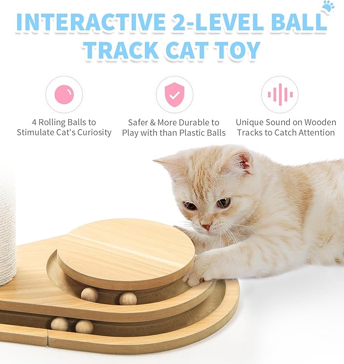 Made4Pets Cat Scratching Post Cat Scratcher Kitten Toys for Indoor Cats Wooden Ball Track Two-Layer Modern Sisal 23.4" Tall Scratch Post Interactive Toy with Dangling Ball Middle Size