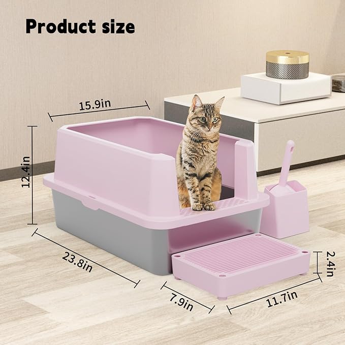 RIZZARI Large Cat Litter Box: Pink Semi-Closed Stainless Steel Litter Box with High Edges - Teflon Non-Stick Coating - Odorless Litter Pan Anti Leakage for Small to Large Cats for Bedroom Living Room