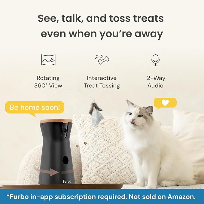Furbo 360° Cat Camera - Unlock Camera & Smart Features w/Paid Plan: Home Security & Pet Safety Alerts, Rotating Treat Dispenser w/Speaker, Smart Cam w/Phone App (Subscription Required, 3mo Minimum)