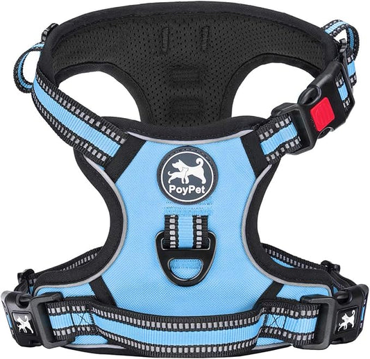 PoyPet No Pull Dog Harness, [Release at Neck] Reflective Adjustable No Choke Pet Vest with Front & Back 2 Leash Attachments, Soft Control Training Handle for Small Medium Large Dogs(Light Blue,XS)