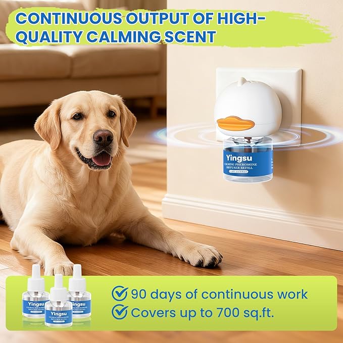 Dog Calming Diffuser, 4 in 1 Puppy Pheromones Calming Diffuser, Relaxing Pheromone for Dogs Relief Stress Anxiety Reduce Aggression Barking, Help Train Dog to Pee, 1 Diffuser 3 Refill(48ml)