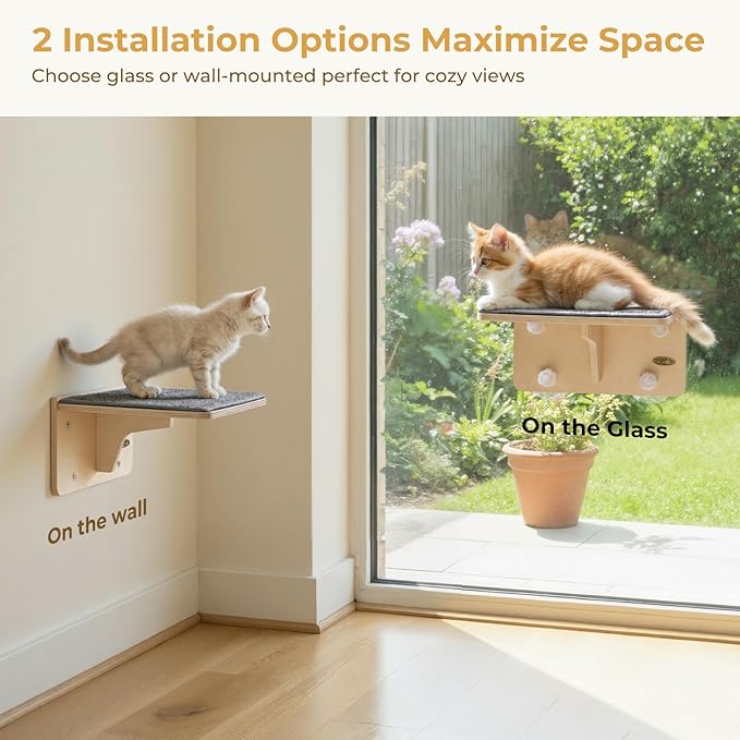 Pecute 2-in-1 Cat Window Perch & Wall Shelves - Sturdy Solid Wood Frame, 4 Large Rotating Suction Cups, Washable Carpet Cloth Cover, Space-Saving Indoor Cat Hammock Bed for Kittens Inside, 12"x10"