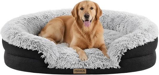 Fluffy Orthopedic Dog Bed for Large & Extra Large Dogs, Calming Plush Sofa Bed with Curved Bolster Support and Egg-Crate Foam Base, 43" Cozy Oval Pet Donut Bed with Washable Cover, Gray
