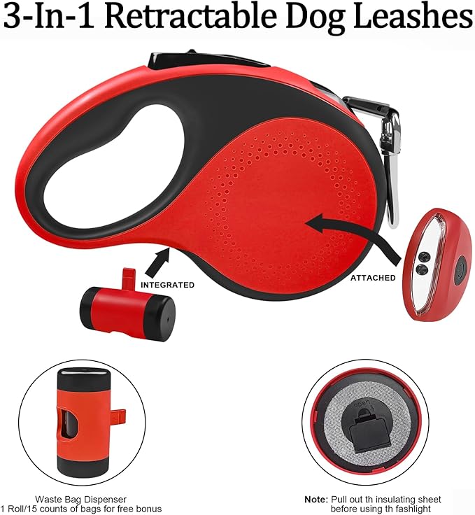 Retractable Dog Leash with Light - 26Ft Leashes with Poop Bag & Holder, One Button Break & Lock, 360°Tangle Free, Anti Slip Grip, Red