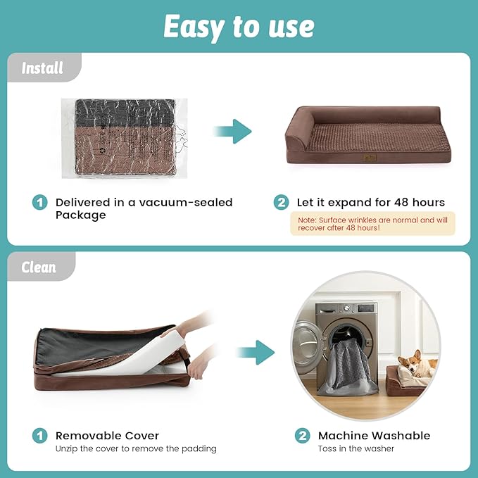 Orthopedic Dog Bed for Large Size Dog, XL Dogs Crate Bed, L Shaped Foam Anti-Slip Bottom Pet Cat Sofa with Washable Removable Cover, Suitable for Pet Up to 100 lbs, 44x32x7 inch, Brown