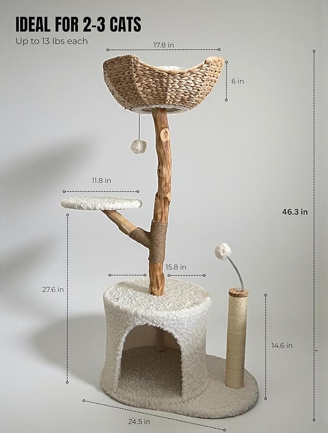 Real Wood Modern Cat Tree Tower for Indoor Cats – Multi-Level Stylish Cat Condo with Woven Basket, Plush Cushions, Scratching Post, Cave & Toys, White