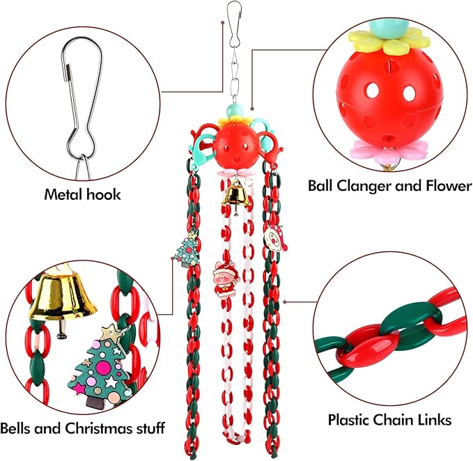 Christmas Parakeet Cockatiel Bird Toys,Plastic Chain Links Bird Cage Accessories Mix Color Hammock Swing Toy for Budgerigar, Conures, Love Birds, Finches, Mynah