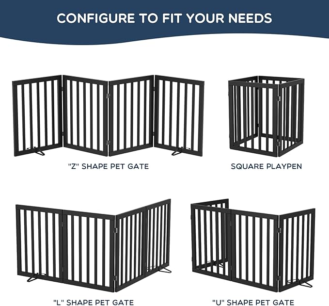 Homykic Bamboo Freestanding Dog Gate, No Assembly Pet Gate Indoor, 24”H x 75”W Extra Wide Foldable Puppy Barrier Fence with Support Feet for The House, Doorways Stairs, 4 Panels, No Drilling, Black