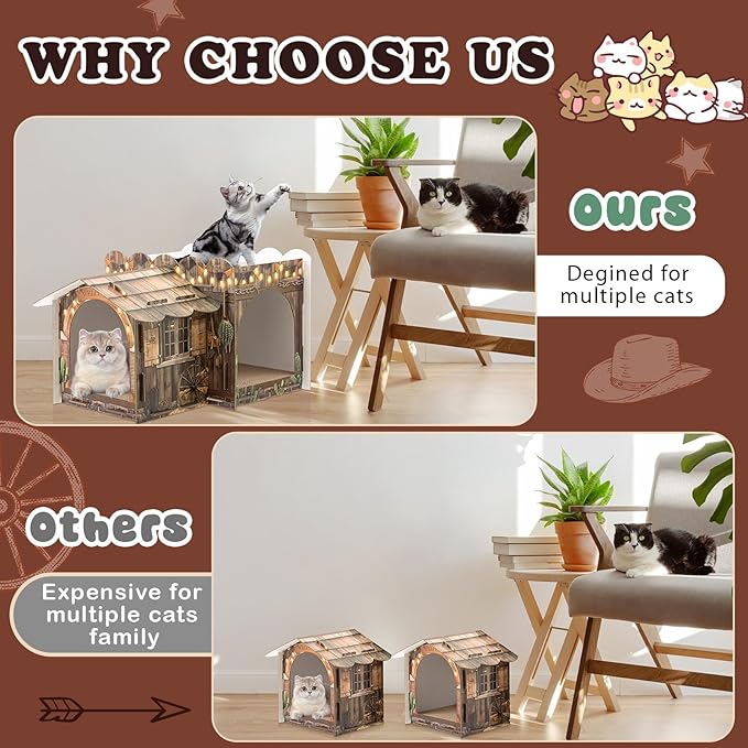 2 Story Cardboard Cat House with Scratcher Pad for Small Kitten,17x12x10 Multi Level Durable Cat Condo & Villa for Bunny Rabbit Small Animals Christmas Birthday Gift(Western)