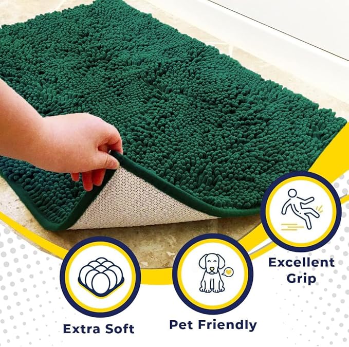 Muddy Mat® | Super Absorbent Door Mat Indoor, Microfiber Quick Dry Chenille Entryway Rug, Non-Slip Front Door Mat, Indoor Mats for Entryway, Machine Washable Pet Rug, Dark Green 24" x 120"