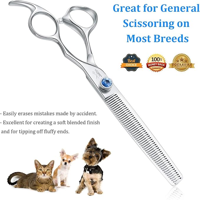 JASON 7" 50 Teeth Thinning Dog Grooming Blending Scissor, Ergonomic Pet Grooming Thinner Blender Shears Cat Trimming Texturizing Kit with Offset Handle and a Jewelled Screw 30% Thinning Rate Christmas