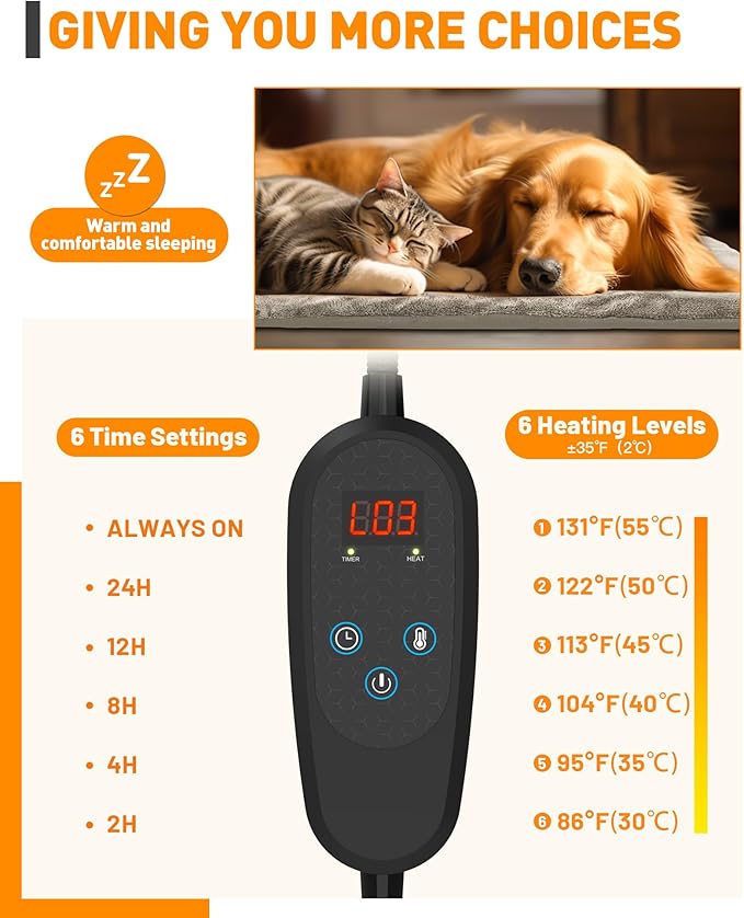 PETNF Pet Heating Pad Temperature Adjustment Anti-bite Puppy with Timer Cat Heating Pad Indoor Waterproof Pet Warming Pad Electric Heated Bed Mat Dog