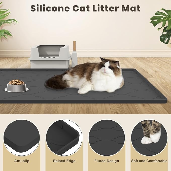 Cat Litter Mat, 28" X 22" Silicone Litter Box Mat, Cat Litter Trapping Mat for Indoor Use, Easy Clean for Scatter Control, Soft on Kitty Paws, Waterproof & Urine Proof, Black