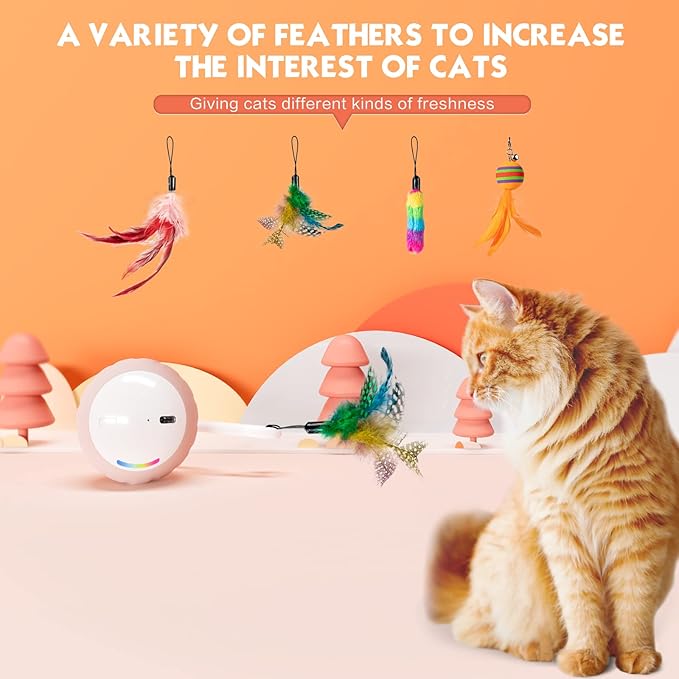 Interactive Cat Toys Ball - Electric Automatic Toys for Indoor Cats, LED Lights and Toys Feather Tail with Sound Activated and Touch, USB Rechargeable, 2peeds Mode for Bored Kittens/Adult Cats