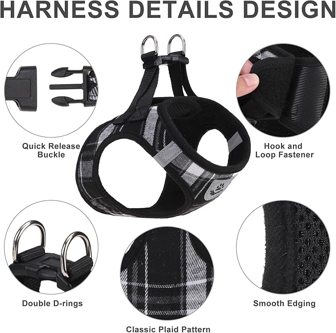 EXPAWLORER Classic Plaid Puppy Harness - Dog Collar and Leash - Soft Mesh Padded Adjustable Step in Small Dog Vest Harness No Pull, Reflective Escape Proof for Outdoor Walking, Black M