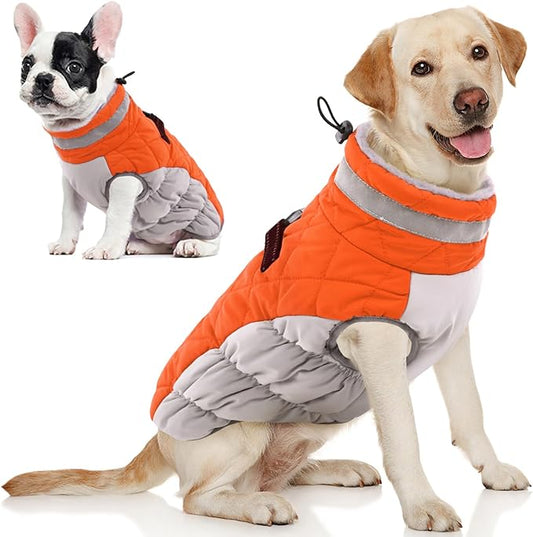 AOFITEE Dog Coat, Warm Dog Winter Coat, Reflective Cold Weather Dogs Puffer Jacket with Harness Built in, Waterproof Pet Fleece Vest Snowsuit for Small Medium Large Dogs, Orange L