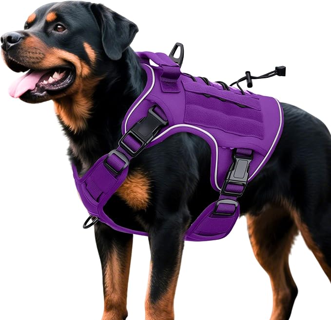Heavy-Duty Tactical Dog Harness for Large Dogs, No Pull Adjustable Reflective Pet Vest with Molle System, K9 Military-Grade Control for Service Training, Outdoor & 10+ Breeds, Purple, X-Large