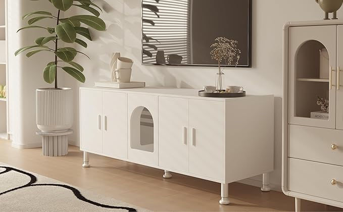 Double Litter Box Enclosure with Cat Scratch Mat & Motion Sensor Light, Wooden Litter Box TV Stand for 2 Litter Boxes & 2 Cats (White)