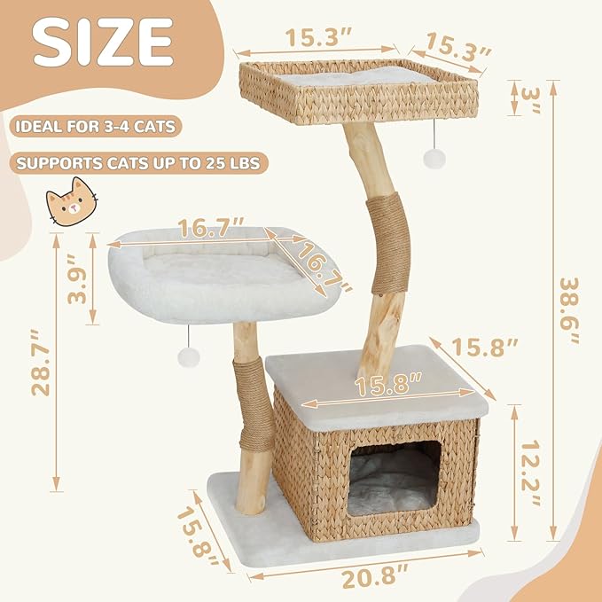 Modern Cat Tree Tower for Indoor Cats - Multi-Level Solid Wood Cat Condo w/Caves, 2 Large Perches, Scratching Posts, Hanging Toy for Large Cats Adult - Luxury Boho Pet Furniture