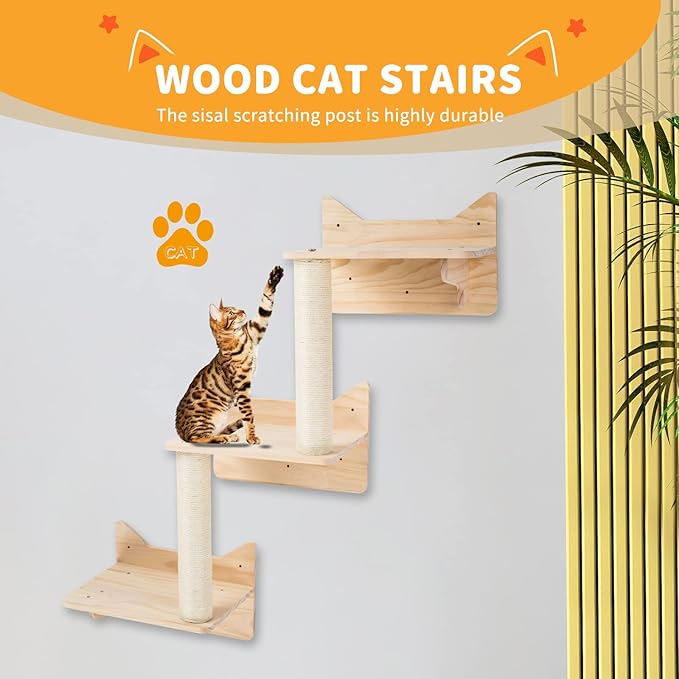 Cat Wall Shelves for Large Cats – 9-Piece Wooden Wall-Mounted Cat Shelves Set, Kitty Climbing System with Perches, Scratching Post & Condo House