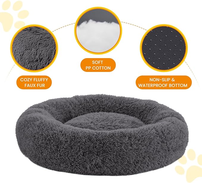 Calming Dog Beds for Large Dogs, Faux Fur Donut Cuddler Dog Bed, Round Fluffy Pillow, Washable Pet Bed for Dogs Up to 80Lbs, 36inch