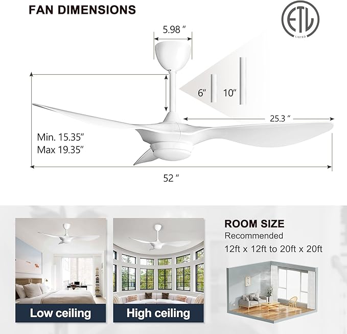 reiga 52 Inch Smart White Ceiling Fan with Light and Remote, ETL Listed Quiet DC Motor 3 Blade Indoor Outdoor Ceiling Fans for Bedroom Living Room Patios