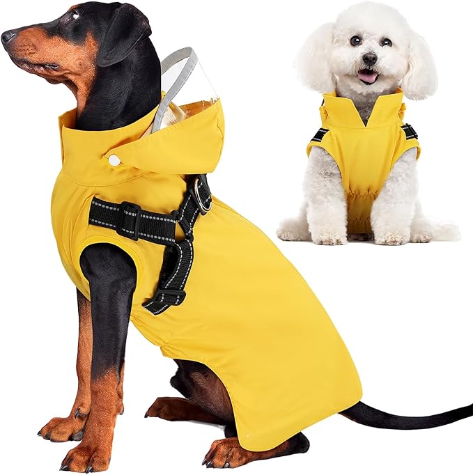 SlowTon Dog Raincoat Waterproof - Dog Rain Jacket with Harness and Hood Lightweight, Reflective Dogs Rain Coat for Large Medium Small Dogs Girl Boy Puppy Poncho Pet Clothes (Yellow, L)