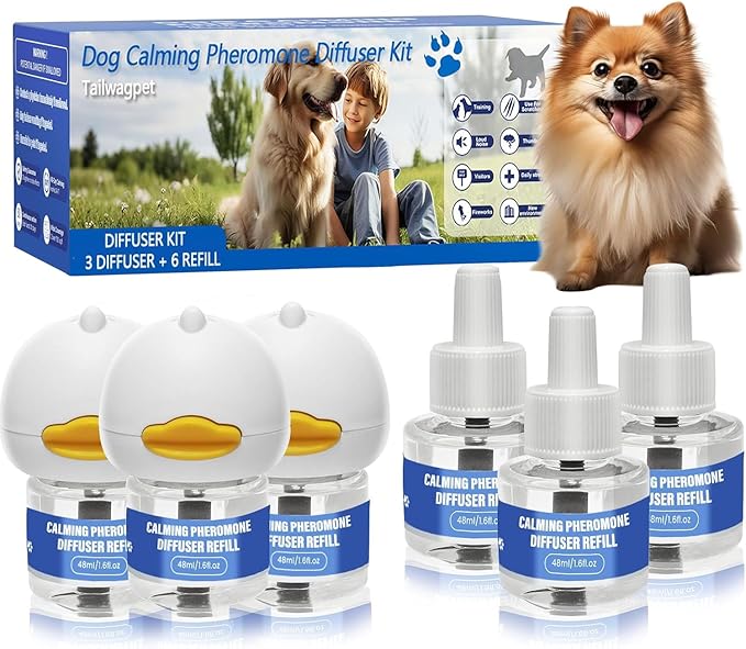 Dog Calming Pheromones Diffuser Kit - 180 Day Supply (9 Pack: 3 Plug-ins + 6×48mL Refills) - Anxiety, Barking, Aggression & Stress Relief for Dogs