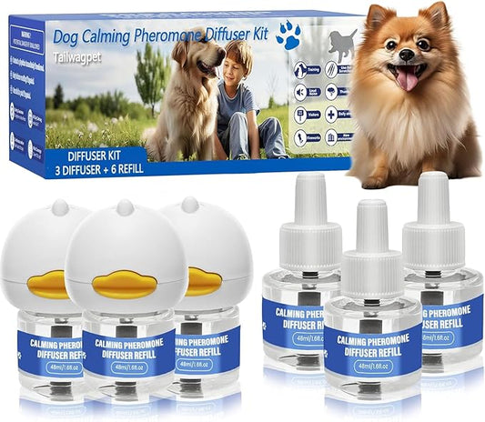 Dog Calming Pheromones Diffuser Kit - 180 Day Supply (9 Pack: 3 Plug-ins + 6×48mL Refills) - Anxiety, Barking, Aggression & Stress Relief for Dogs