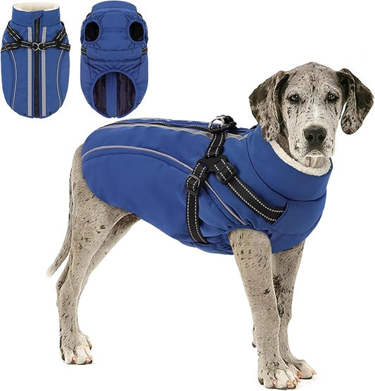 Dog Winter Coat with Harness Built in Warm Puffer Dog Jackets for Small Medium Large Dogs Windproof Waterproof Outfit with Plush Lining and Reflective Stripes (Blue, 3XL)