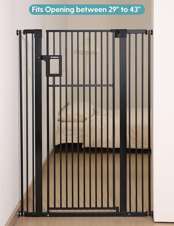 No Pawblems 55" Extra Tall Pet Gate for Cat, 29-43" Auto Close Cat Gate for Doorways/Stairs/Hallways, NO Drilling Pressure Mounted Tall Dog Gate Indoor, 1.37" Pet-Safe Gap, Black