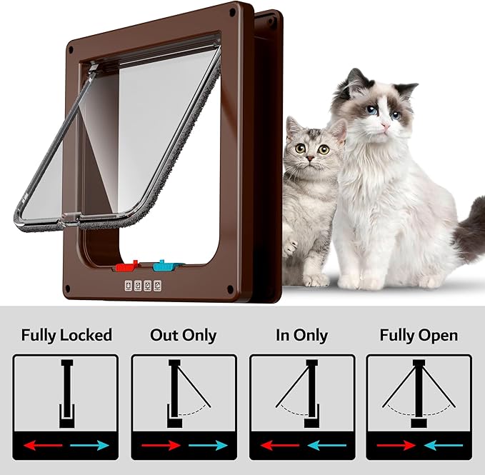 Extra Large Cat Door, Pet Door for Dog or Cat, 4 Switch Modes Locking Cat Door Interior Door Suitable for Window and Wall (Brown)