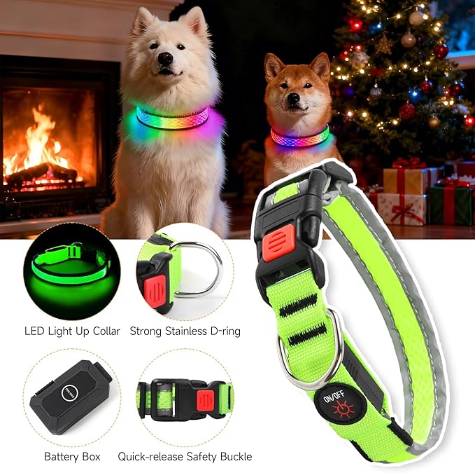 LED Dog Collar, Light Up Dog Collar USB Rechargeable, Nylon Adjustable Comfortable Soft Bright RGB 7 Colors Changeing Safety Light Glowing Collar for Medium and Large Dogs(Large,Green)