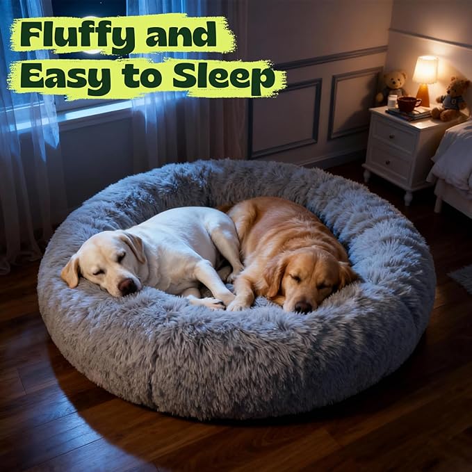 Orthopaedic Round Dog Beds for Large Dogs Washable with Removable Cover,Extra Comfort Calming Foam Cooling Gel Pet Bed with Waterproof Plush Cushion,Fluffy Anti Anxiety Cuddler for Sleep 36 Inch,Grey