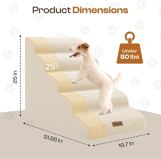 Extra Wide Dog Stairs for Large Dogs Up to 80lbs, 25" Pet Steps for High Bed with Washable Cover, 5-Step Foam Bed & Couch Ladder for Small Medium Dogs & Senior Cat, Beige