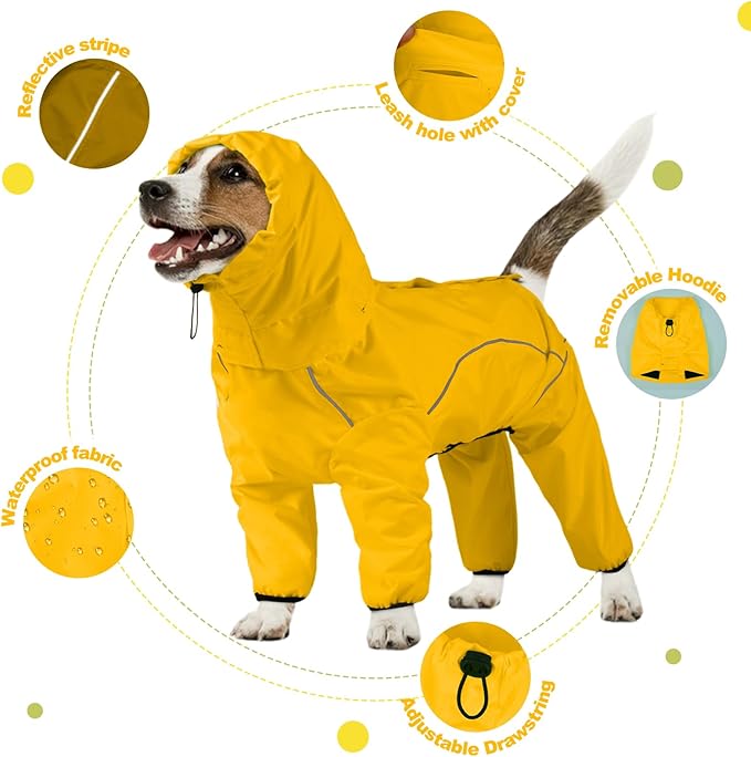 Dog Raincoat, Waterproof Dog Rain Jacket with Removable Hood，Adjustable 4 Legs Pet Poncho with Leash Hole，Reflective Stripe Hooded Snowproof Windproof Clothes for Small to 3X-Large Dogs, L