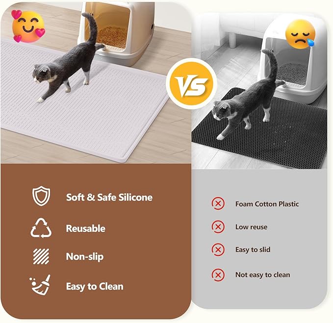 Large Cat Litter Mat with Toy Ball, 34'' x 22'' Silicone Cat Litter Trapping Mat for Scatter Control, Soft on Kitty Paws, Easy to Clean (White)