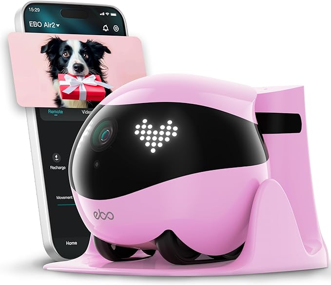 Enabot EBO Air 2 FamilyBot Indoor Security Camera Robot: 2K Pet Camera, Movable Home Robot, Custom Facial Expression, Auto-Recharge, Battery-Operated, 2-Way Talk, Night Vision(Robin Pink)