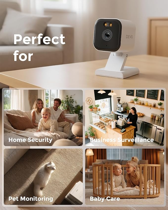 Devo Security Camera 2K |WIFI6 | Indoor |Baby Monitor & Pet Camera | 2-Way Audio, Color Night Vision, Live Stream, Motion Alerts & Notifications White,1 Cam