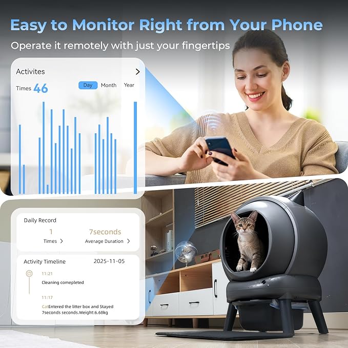 Self Cleaning Litter Box for Cats, Automatic Cat Litter Box with Smart APP Control and Health Monitoring, Includes 2 Roll Trash Bag & Litter Mat, Grey