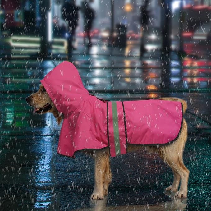 Candofly Reflective Dog Raincoat - Waterproof Dog Rain Jacket with Leash Hole, Hooded Ponch Rain Coat for Dogs (Pink, Large)
