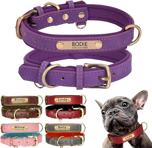 Leather Dog Collar Personalised and Leash Set, Personalized with Soft Padded Design Heavy Duty Featuring Custom Engraved Name Plate for Small Medium and Large Dogs
