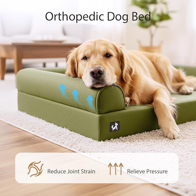 Sytopia 42in Chew Proof Dog Beds for Large Sized Dogs, Waterproof Egg Crate Foam XL Orthopedic Pet Bed with Removable Washable Cover, Non-Slip Bottom, Supports up to 100 lbs for Senior Pet, Green