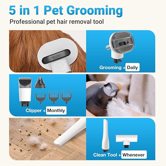 petaboo Cordless Dog Grooming Vacuum, Pet Grooming Kit with Clippers Nail Grinder 5 Pet Grooming Tools,2.2L Dust Cup,Low Noise,Dog Vacuum for Shedding Grooming for Home Outdoor Car