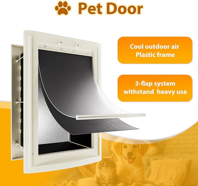 mestyl Dog Door for Wall, Pet Door, Doggie Door with Telescoping Tunnel, Double Magnetic Flaps and Sliding Lock Panels, 3-Flap Dog Door and Cat Door, Easy to Install, White, Medium